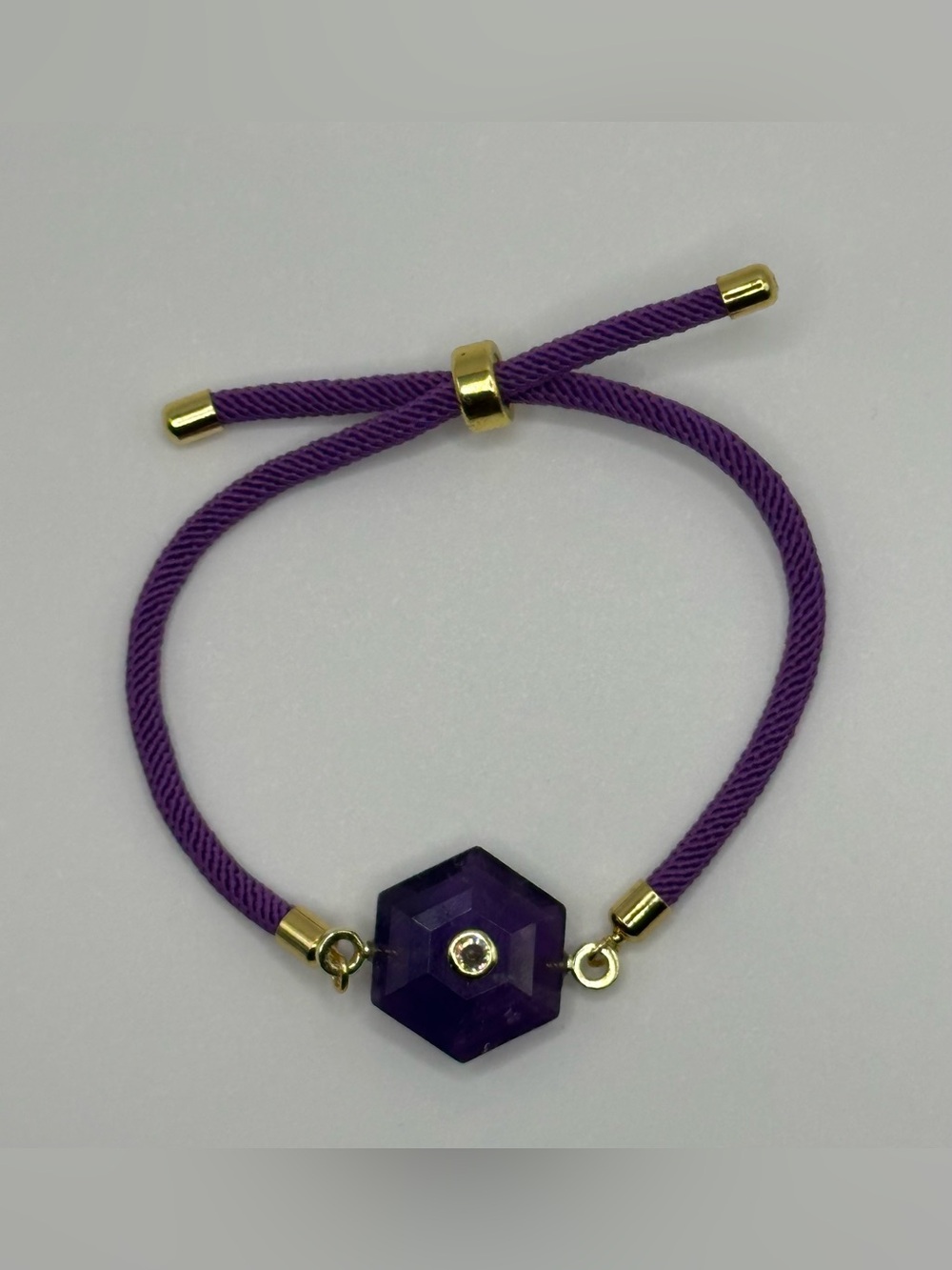 Gold Accent Purple Cord Bracelet with Hexagon Genuine Amethyst